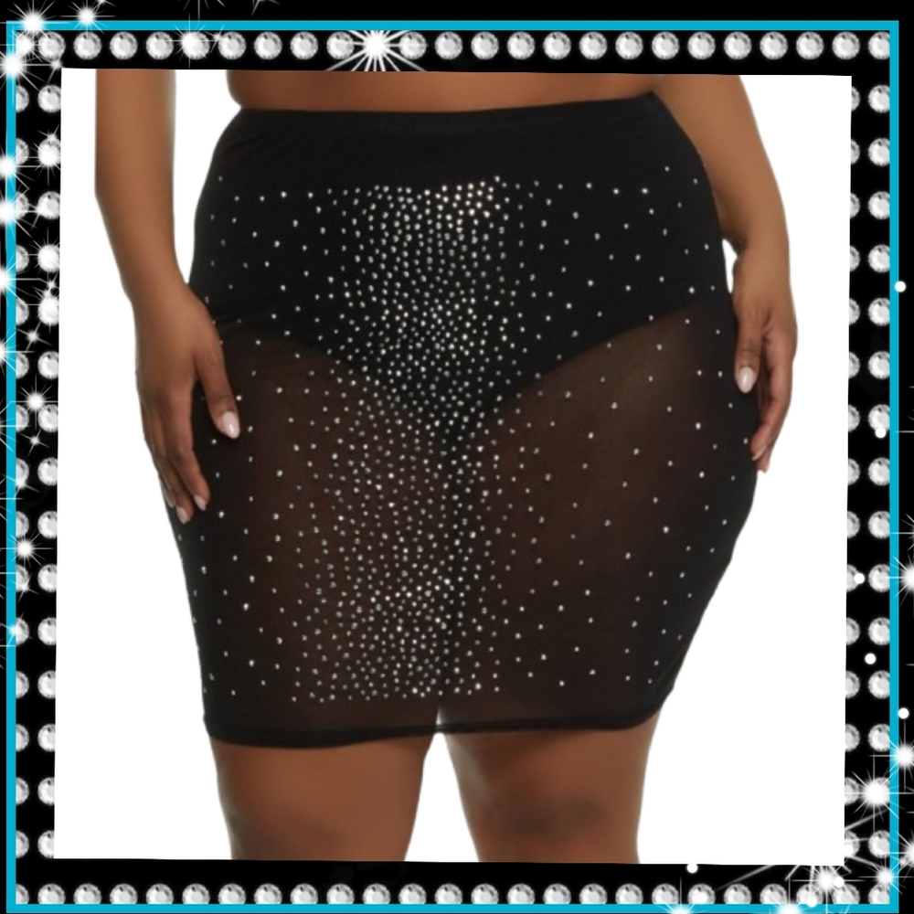 SEXY ☆ MIDNITE  BLACK SEMI-SHEER ☆ SILVER RHINESTONE MINI SKIRT ☆ NWOT